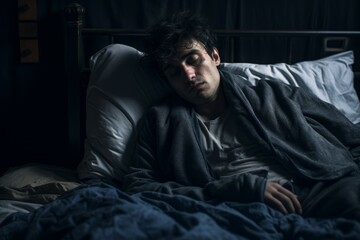 Obraz premium Ill man in bed at night time. Generate Ai
