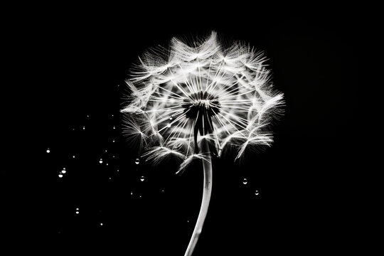 Monochrome beauty poster macro drops dandelion black flower art blowball white