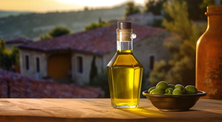 Naklejka premium A bottle of olive oil on a wooden table against the backdrop of a Mediterranean village in sunset light. Mockup, copy space