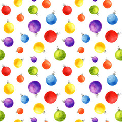 Watercolor seamless pattern with Christmas balls on a white background. Illustration of colorful Christmas decorations with toys for the design of wrappers, postcards and invitations.