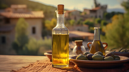 Obraz na płótnie Canvas A bottle of olive oil on a wooden table against the backdrop of a Mediterranean village in sunset light. Mockup, copy space