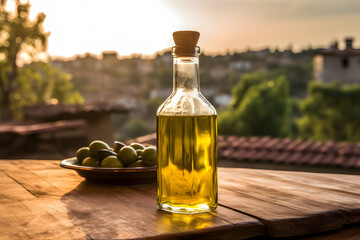 A bottle of olive oil on a wooden table against the backdrop of a Mediterranean village in sunset light. Mockup, copy space