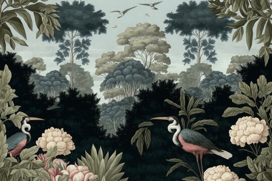 Wallpaper vintage jungle pattern with birds Grus grus in forest flower with blue sky background, Generative AI