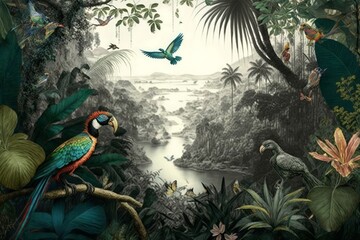 Tropical jungle wallpaper palm trees, birds and parrot in the river land with flying butterflies, Generative AI