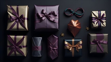Different sizes of colorful gift boxes wrapped with different types of ribbon for the holiday season. Many beautiful Christmas gifts. Merry Christmas, New Year concept. Generative AI illustration