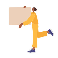 Smiling woman holding empty banner. Copy space. Message board. Flat vector illustration. Ready for your text. Woman with empty paper board showing, presenting, demonstrating advertisement, message