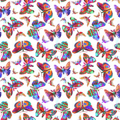 Watercolor drawn Twilight moth. Modern Seamless pattern with hawk moth. Bright multicolor Moth on white background. Illustration of flying insects with open wings. Drawing summer butterflies.