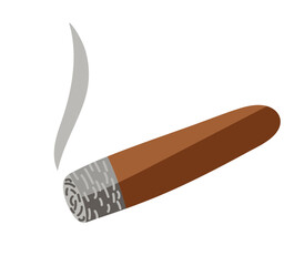 Cuban Cigar burning with ash and smoke isolated on white. Flat vector illustration. Addiction, harm to health, smoking kills concept. Cigar Icon. Design element for logo, emblem, sign, poster