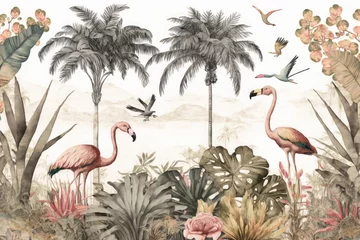 Foto op Plexiglas Banana palm trees pattern wallpaper in landscape with flamingos, flowers, tropical plants and butterflies on a white background, Generative AI © Rajiv
