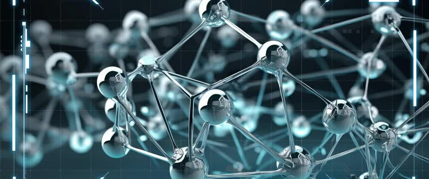 Anamorphic video abstract spheres molecular structure neural network. Blockchain and artificial intelligence concept. 3d animation.