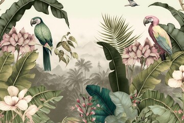 Wallpaper vintage jungle style with parrot birds, palms and flowers with pink background pattern, Generative AI - obrazy, fototapety, plakaty