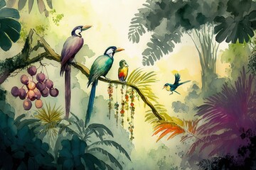 Watercolor painting style, high quality art, landscape on a tropical forest with trees, palms and branches standing on it, colorful birds, fruits and fruits, in coordinating colors, Generative AI