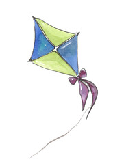 The concept of relaxation and entertainment in nature in the autumn. A bright kite with a purple ribbon. Watercolor drawing on a white background