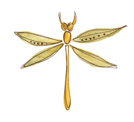 Dragonfly with antennae flying upward, with orange body and green wings with dot decoration. Hand drawn watercolor illustration for postcard design, fabric print