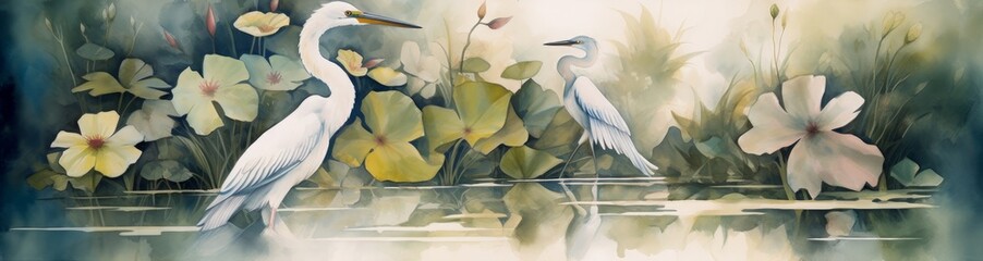 Watercolor drawing of a water heron with lotus plants in the lake for a natural view and quiet colors, Generative AI - obrazy, fototapety, plakaty