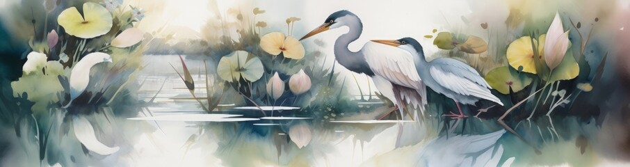 Watercolor drawing of a water heron with lotus plants in the lake for a natural view and quiet colors, Generative AI