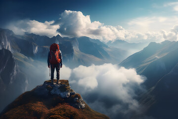 A hiker with a backpack is standing at the summit of a mountain, gazing down at the valley below.
