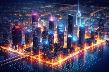 Naklejka premium Smart city and big data connection technology, abstract line connection on night city background, communication network concept, Data storage, service, online, financial, Connectivity global