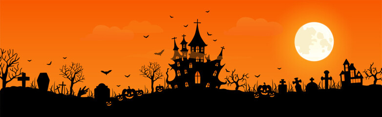Happy Halloween. City panorama in halloween style. Scary halloween isolated background. Orange and yellow background. Vector illustration.