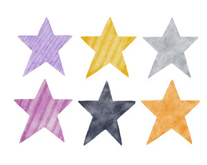Watercolor set with yellow, black, grey stars on white background. 