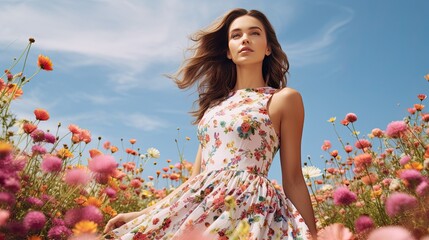 Model showcasing a modern summer dress, positioned amidst a blooming flower field