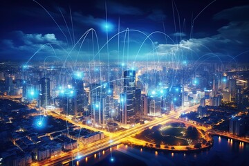Fototapeta na wymiar Smart city and big data connection technology, abstract line connection on night city background, communication network concept, Data storage, service, online, financial, Connectivity global