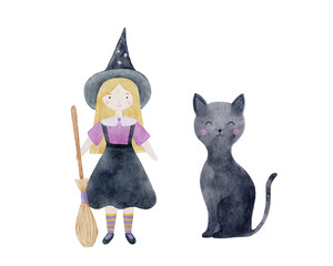 Halloween watercolor set with cute witch and black cat on white background. 