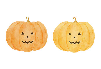 Halloween watercolor set with scary pumpkins on white background. 
