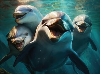 A group of dolphins looking at the camera