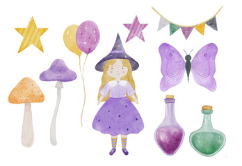 Halloween watercolor set with hand-painted witch, portions, stars, butterfly illustration on white background. 