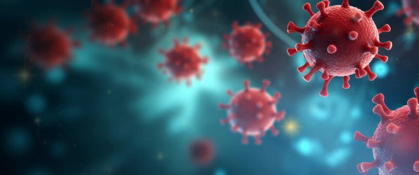 Anamorphic video antibodies attack and destroy the coronavirus. Close-up of dissolving virus under microscope. SARS-CoV-2 COVID-19 pandemic cure or vaccination concept. 3d animation