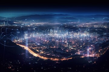 Fototapeta premium Smart city and big data connection technology, abstract line connection on night city background, communication network concept, Data storage, service, online, financial, Connectivity global