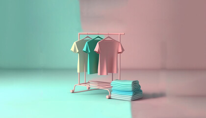 Obraz premium T-Shirts with clothes rack on pastel pink background. Minimal idea concept. 3d rendering. generative ai.
