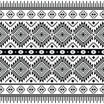Navajo tribal abstract geometric background. American indigenous seamless pattern. Ethnic textile design for fabric template and shirt. Black and white color.