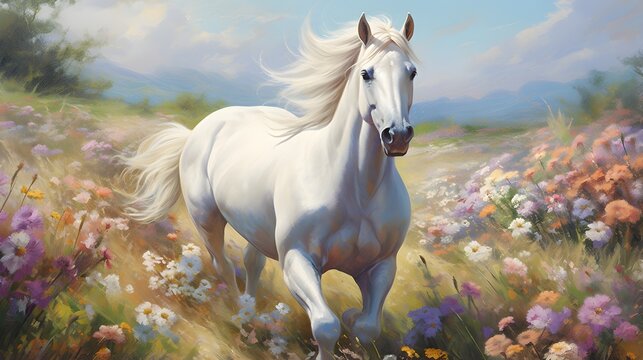 White horse running through a field of colorful wildflowers. Generative AI