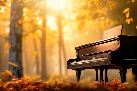  piano in autumn forest, morning. serene scenery, Generative AI