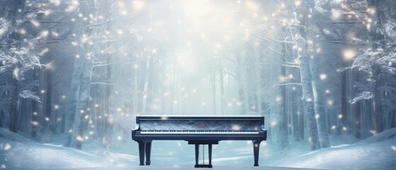 Grand piano sitting in calm forest with the sun. Abstract surreal music background. Generative AI