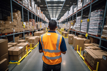 Man in large warehouse doing inventory of products