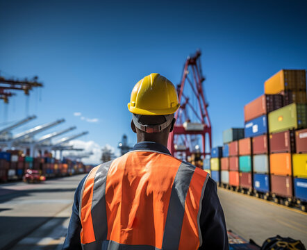 Worker on loading dock and stevedore checks containers in port