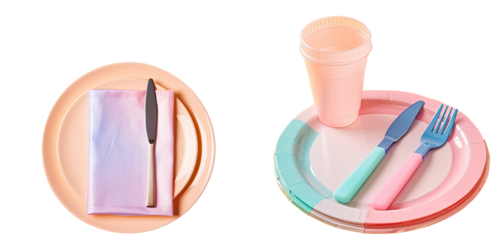 Table setting with plastic dishware and napkins on a transparent background