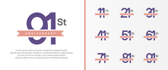 set of anniversary logo purple color number and pink ribbon on white background for celebration
