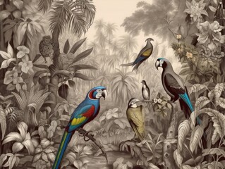 wallpaper jungle and tropical forest banana palm and tropical birds peacock birds old drawing vintage, Generative AI