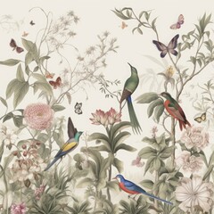 Vintage jungle style wallpaper with birds plants and flowers and white background, Generative AI