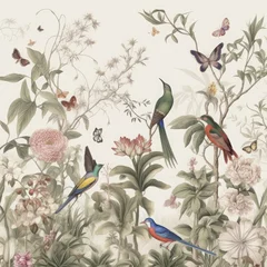 Zelfklevend Fotobehang Aquarel natuur set Vintage jungle style wallpaper with birds plants and flowers and white background, Generative AI