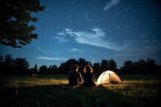 Travelers stargazing in a countryside field under a canopy of twinkling stars, embodying the love and creation of celestial wonders and the awe they inspire, love and creation
