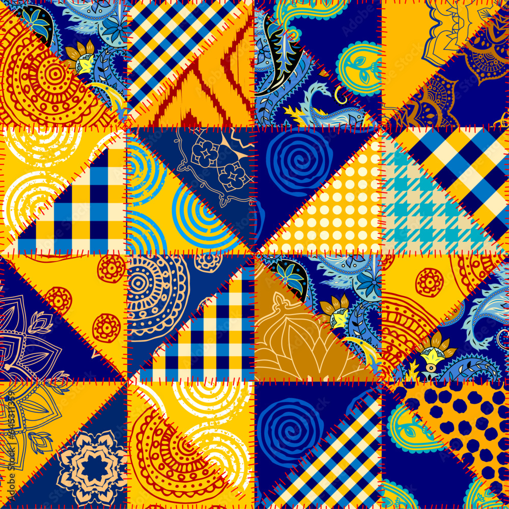 Aufkleber textile patchwork pattern with blue and yellow colors. vector image