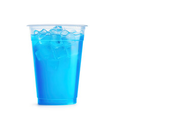 Blue drink in a plastic cup isolated on a white background. Take away drinks concept with copy space