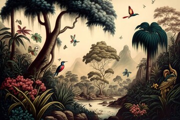 tropical forests with valleys, colorful birds and butterflies in a vintage landscape drawing, Generative AI