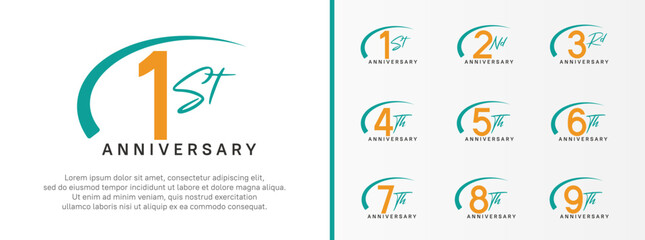 set of anniversary logo yellow color number and green swoosh on white background for celebration