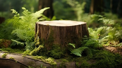 Fototapeta premium Empty wooden stump podium as product placement mockup. Wooden stump with the green tropical forest as background.